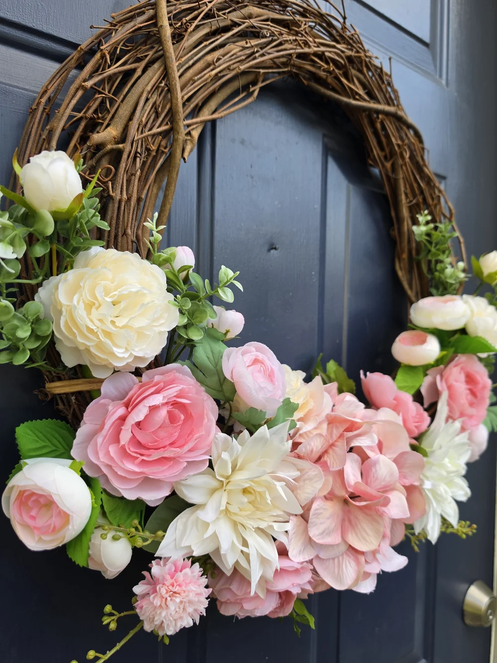 Faux Soft Pinks & Cream Floral Grapevine Wreath